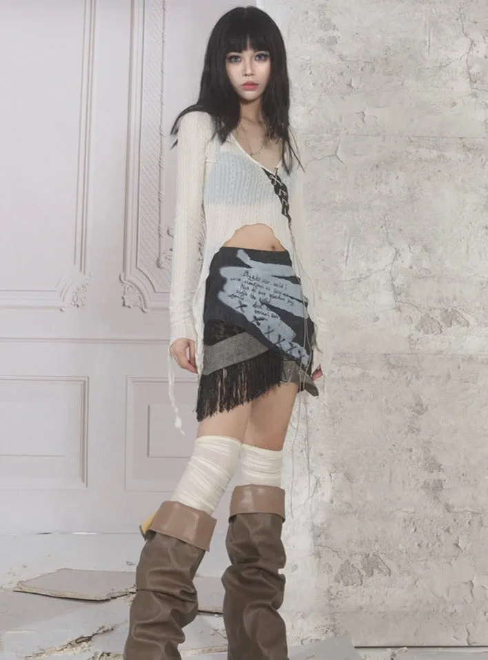 ARIADNAw Distressed Asymmetrical Mini Skirt