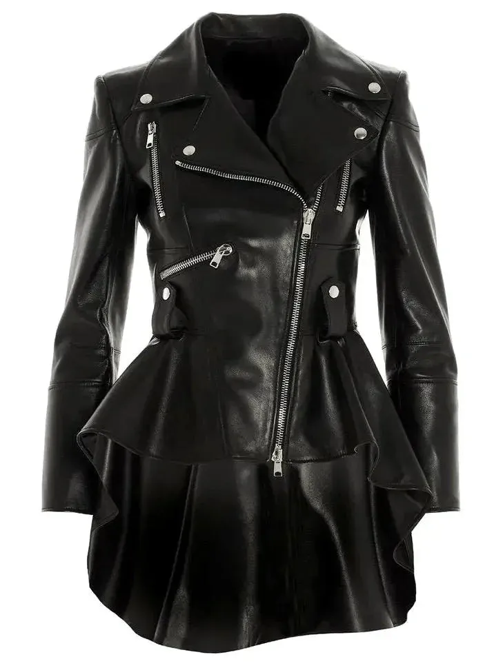 Asymmetric Peplum Leather Biker Jacket