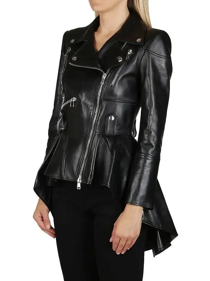 Asymmetric Peplum Leather Biker Jacket