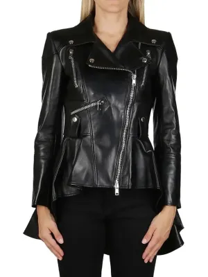 Asymmetric Peplum Leather Biker Jacket