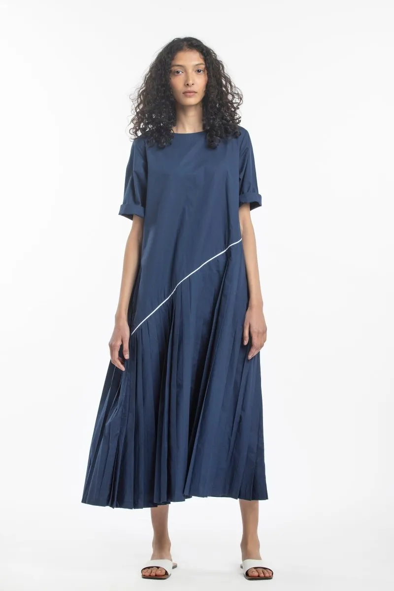 Asymmetric Pleat Dress- Navy