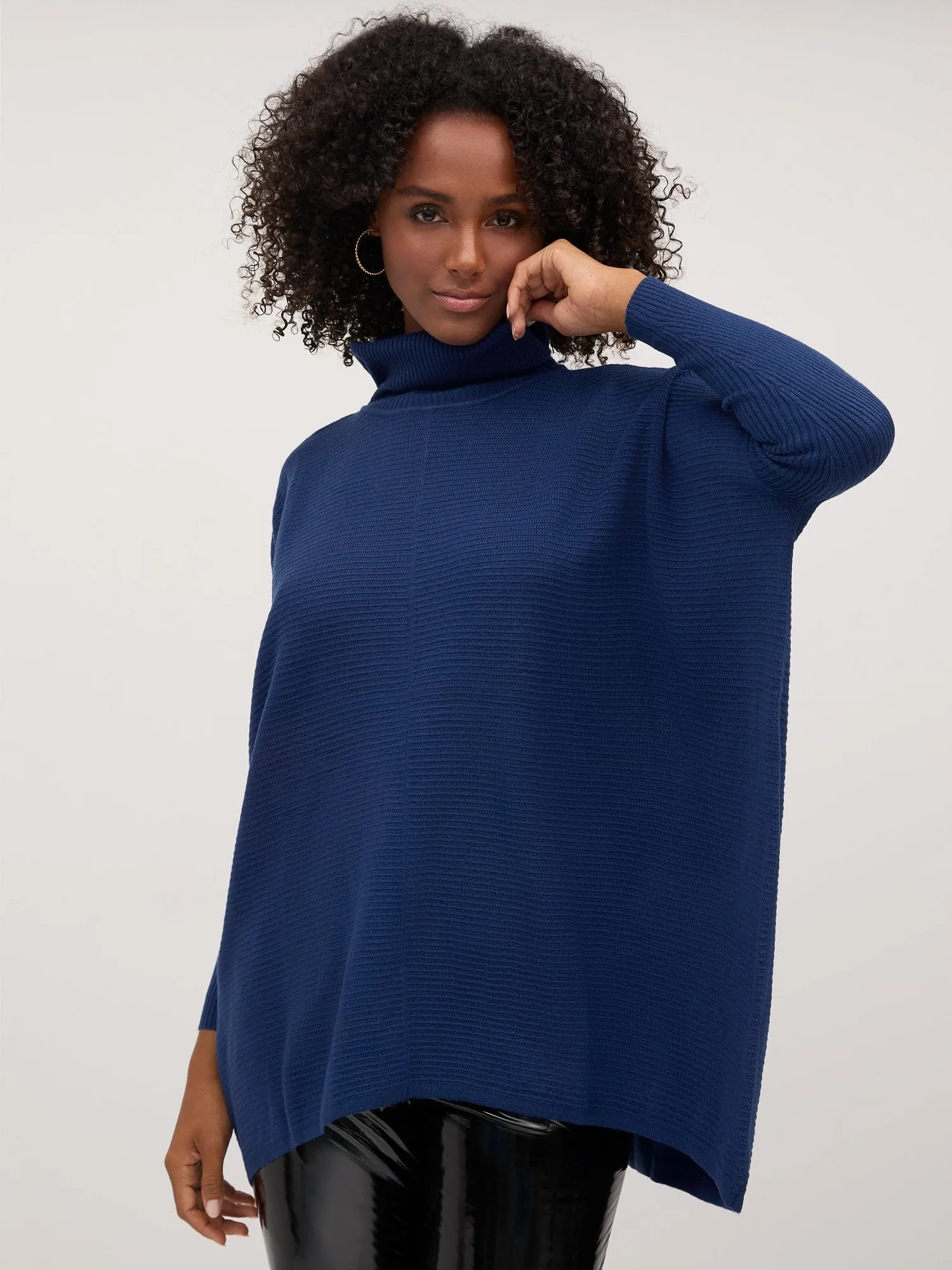 Batwing-Sleeve Turtleneck Tunic Sweater