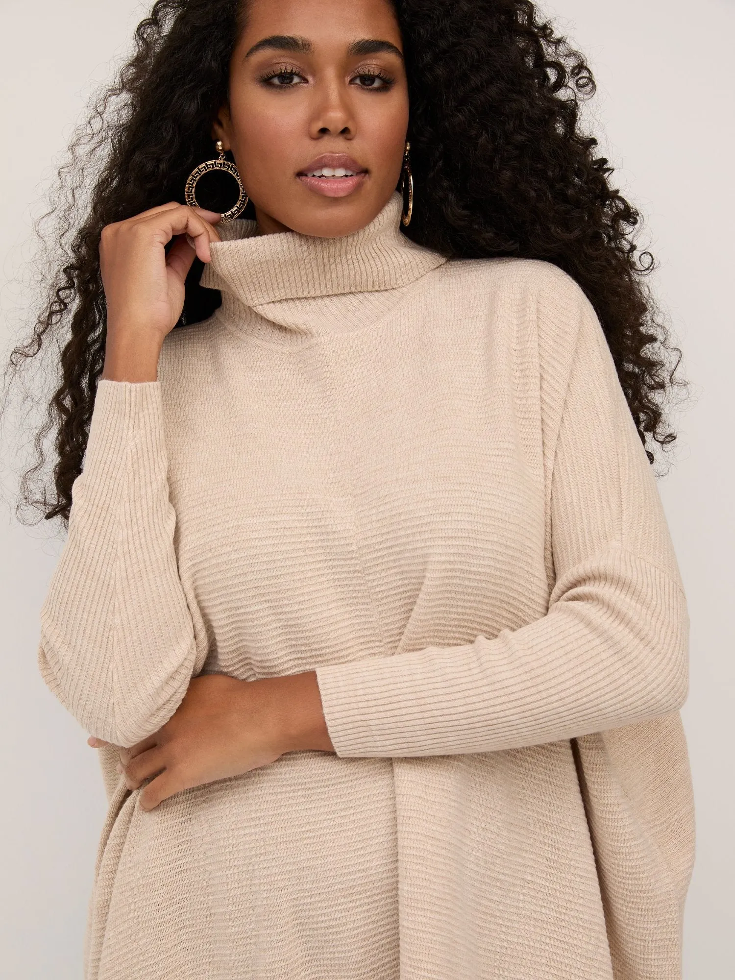 Batwing-Sleeve Turtleneck Tunic Sweater