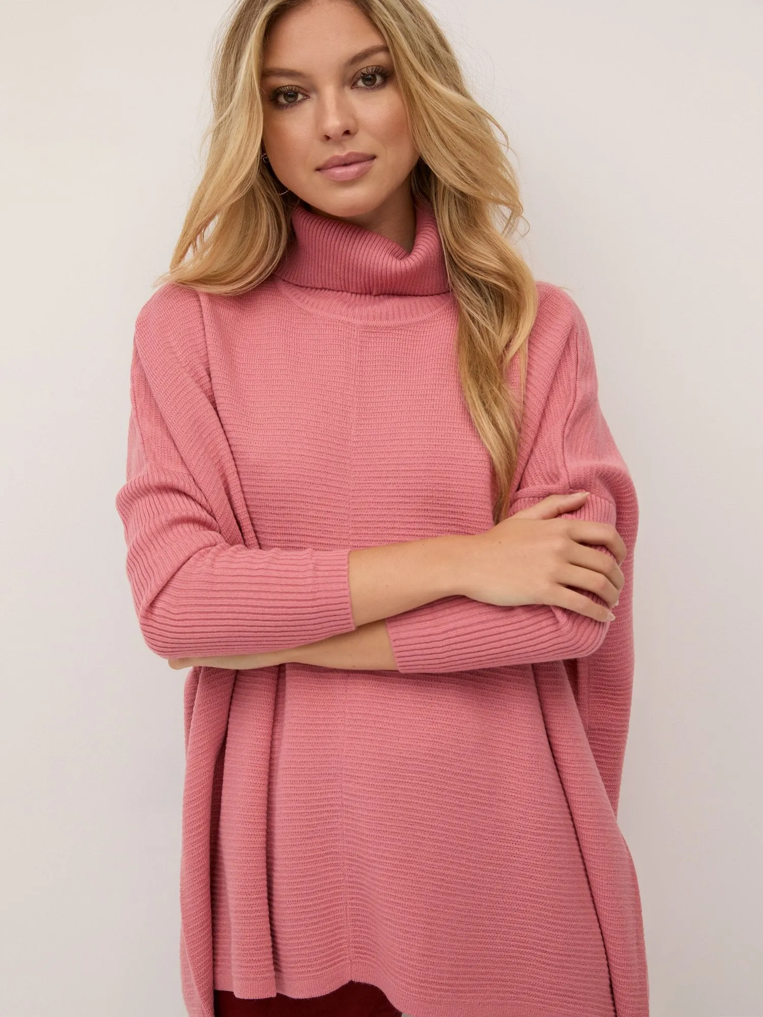 Batwing-Sleeve Turtleneck Tunic Sweater