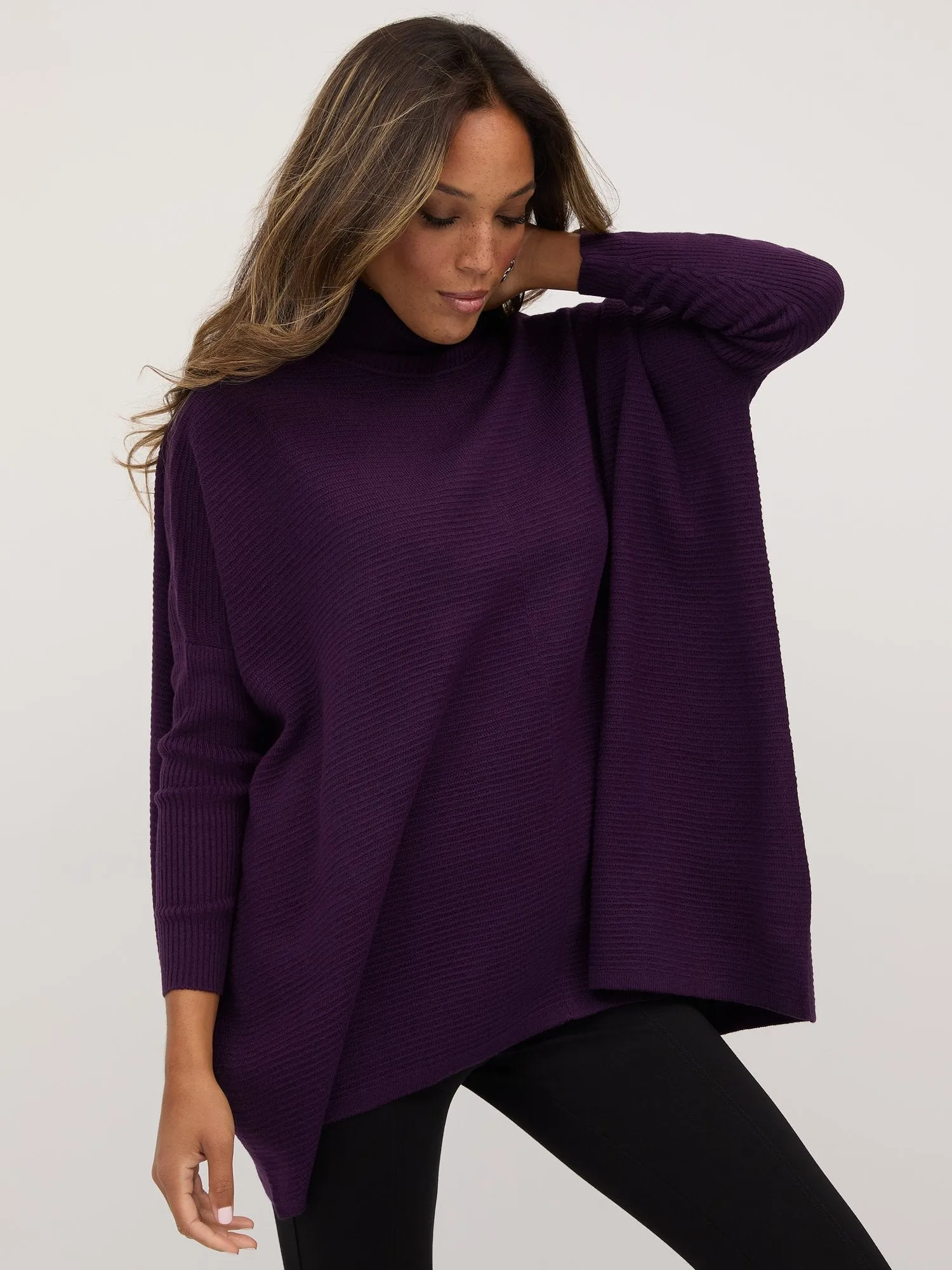 Batwing-Sleeve Turtleneck Tunic Sweater