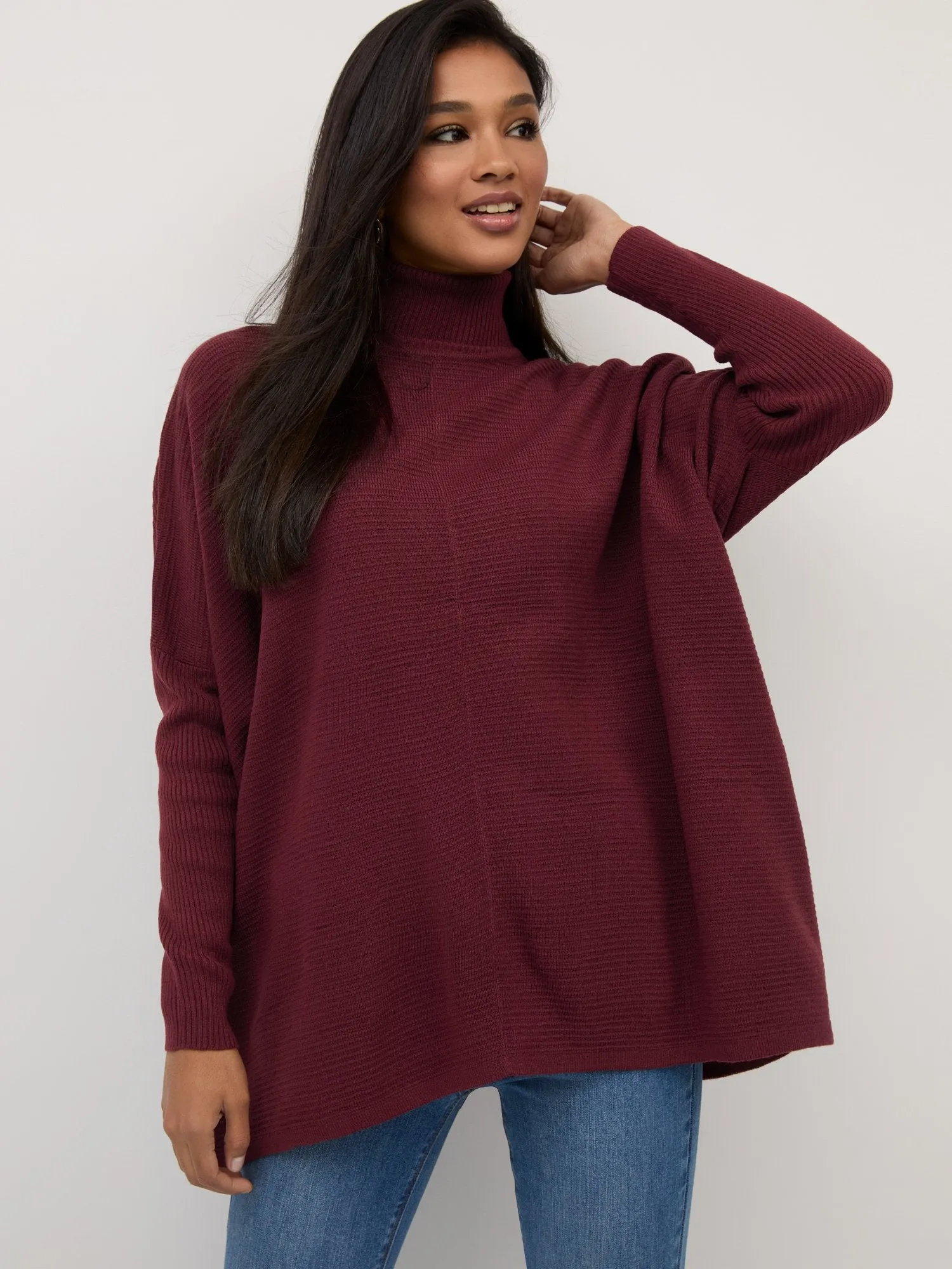 Batwing-Sleeve Turtleneck Tunic Sweater