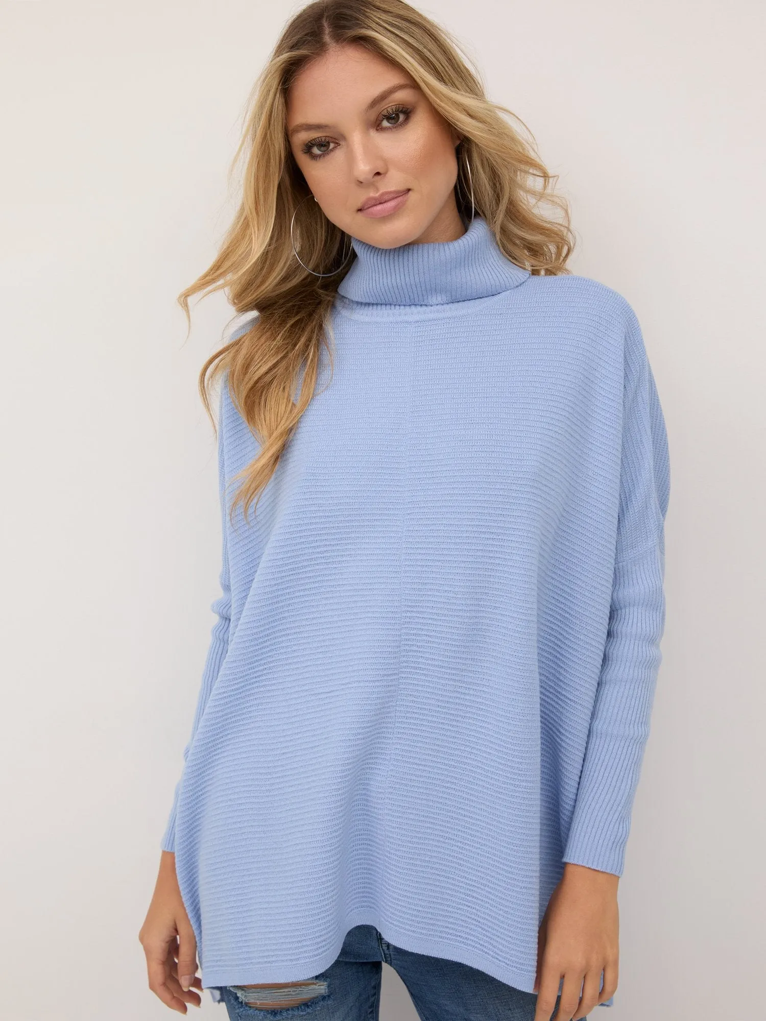 Batwing-Sleeve Turtleneck Tunic Sweater