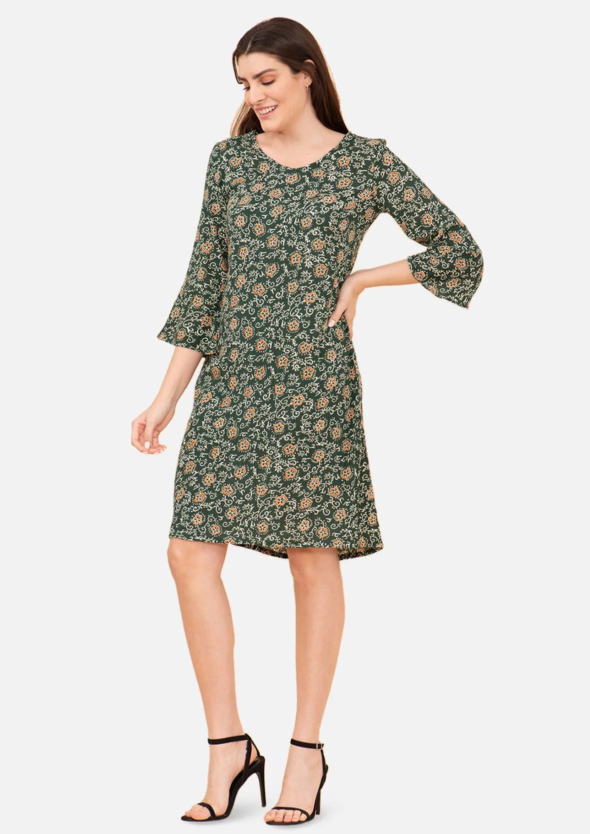 Bell Sleeves Leafy Shift Dress