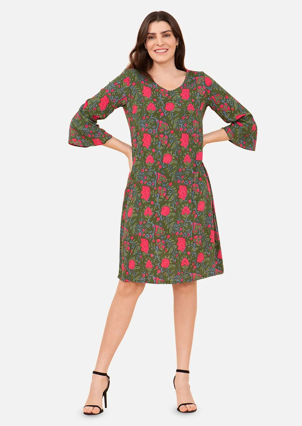 Bell Sleeves Leafy Shift Dress