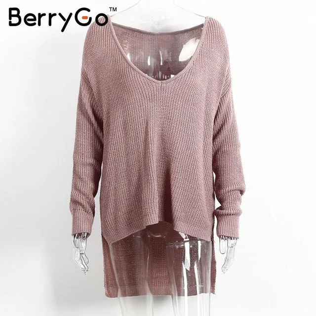 BerryGo Sexy off shoulder split knitted sweater Women brand black pullovers knitwear Autumn winter 2016 white jumper pull femme