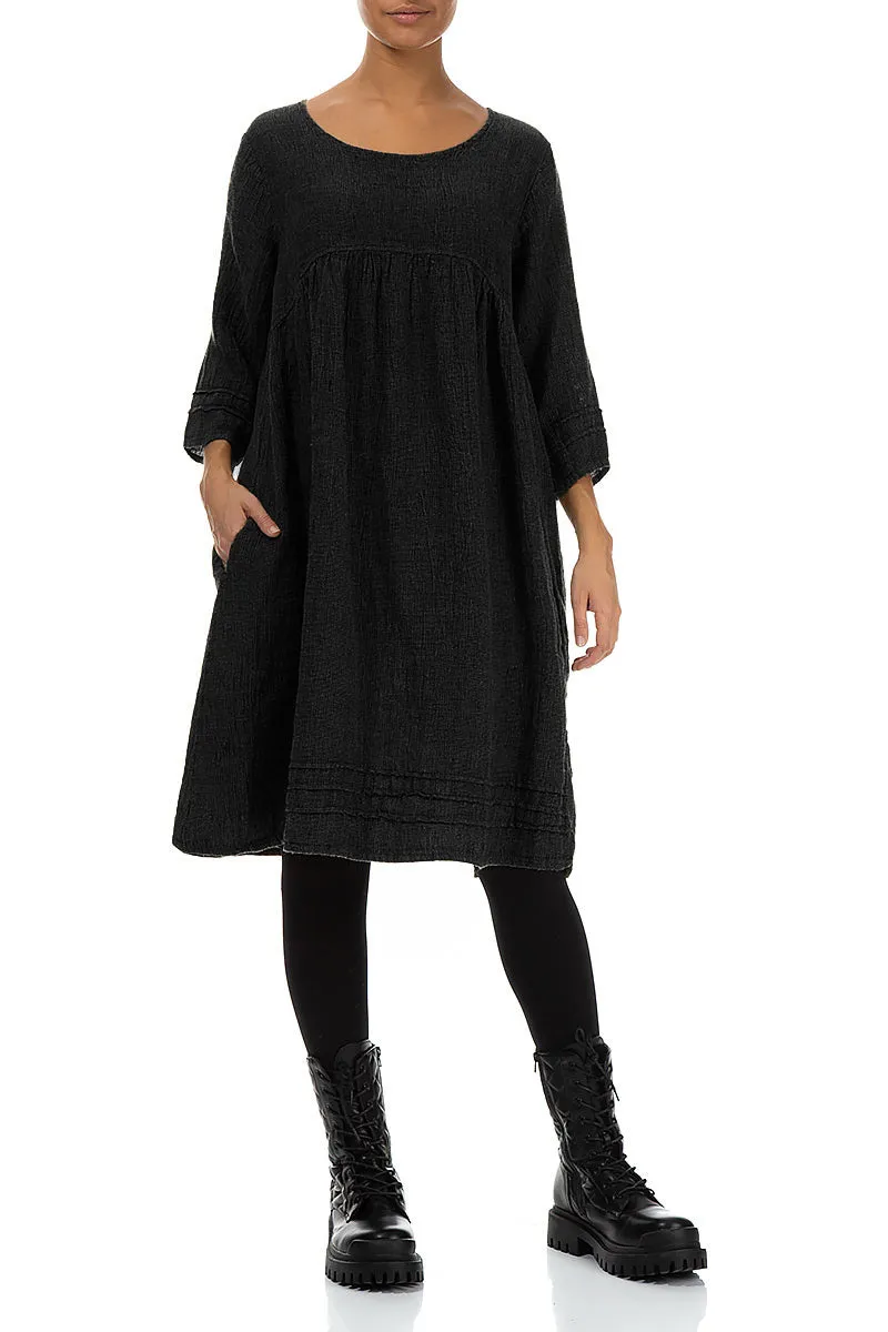 Black Mélange Linen Smock Dress