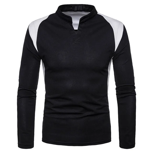 Black Patchwork Shoulder Stand Collar Long Sleeve Men T-Shirt