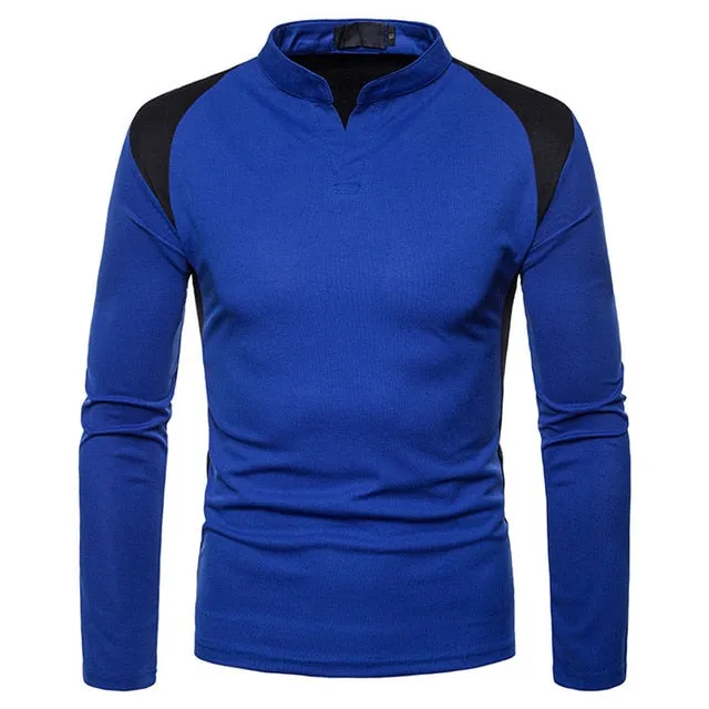 Black Patchwork Shoulder Stand Collar Long Sleeve Men T-Shirt