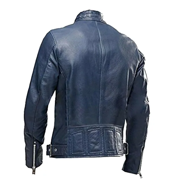 Blue Cafe Racer Leather Jacket Unisex