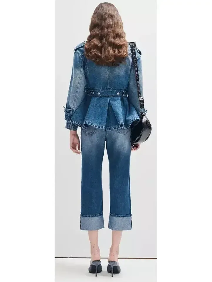 Blue Denim Tiered Peplum Jacket