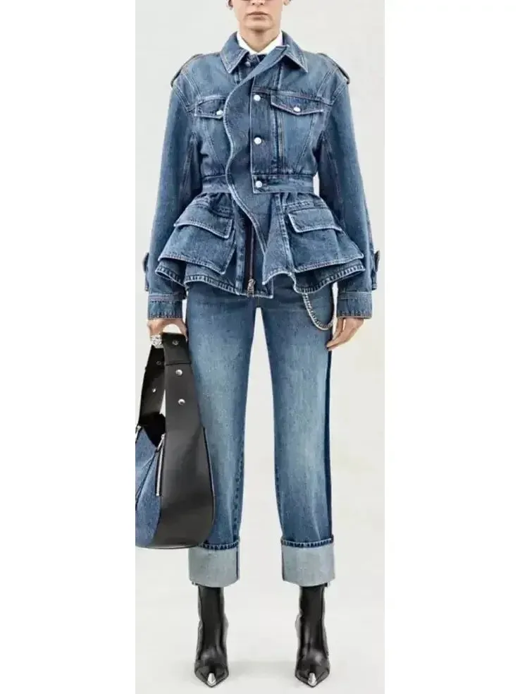 Blue Denim Tiered Peplum Jacket