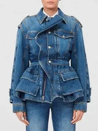 Blue Denim Tiered Peplum Jacket