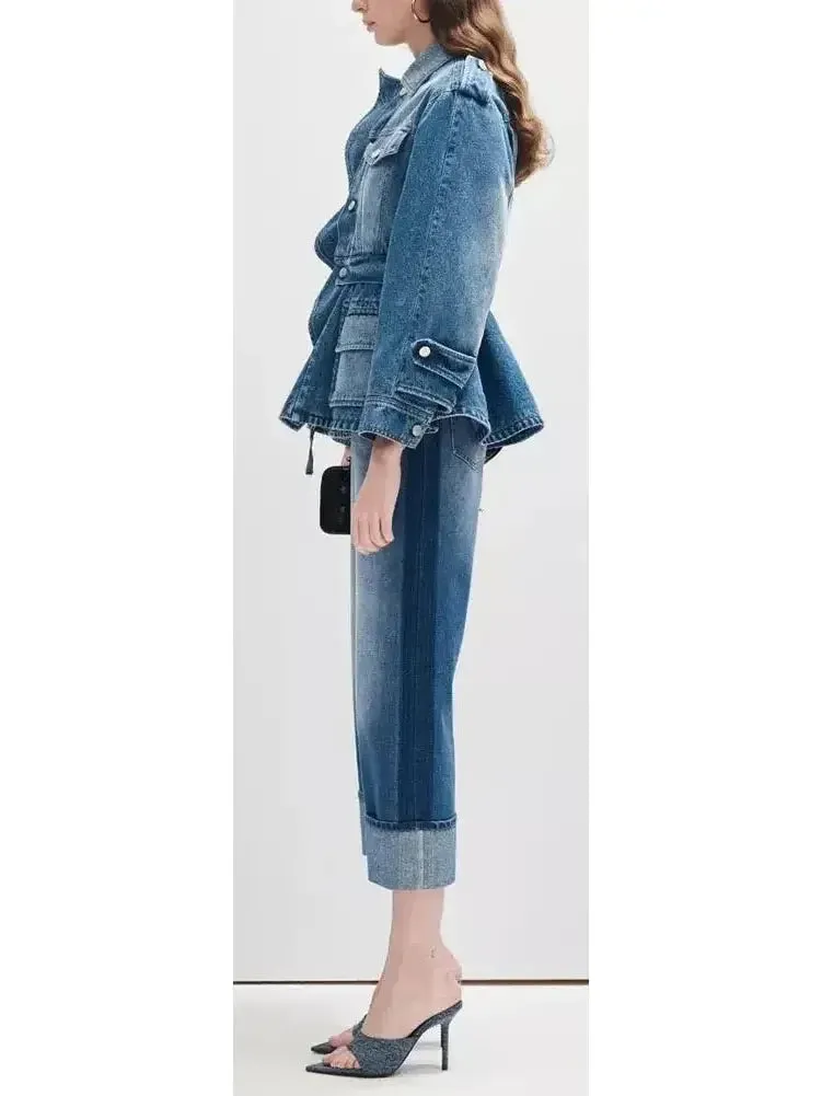 Blue Denim Tiered Peplum Jacket