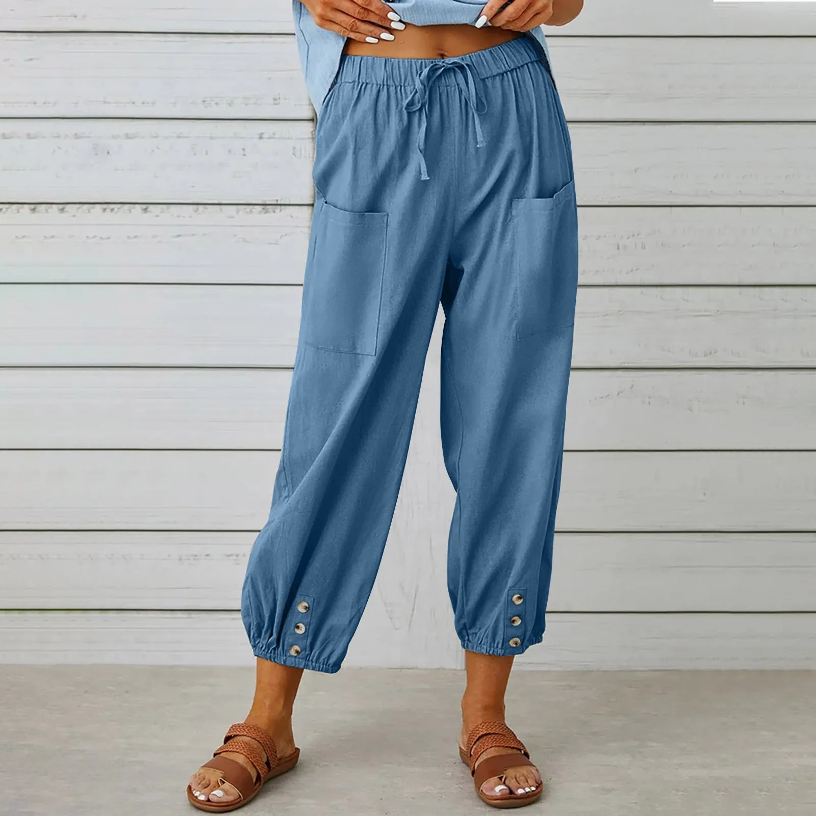 Breezy Linen Tie-Waist Pants - Women Drawstring Tie Pants