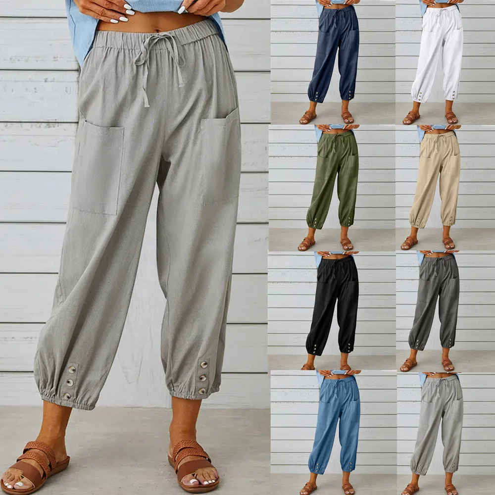 Breezy Linen Tie-Waist Pants - Women Drawstring Tie Pants