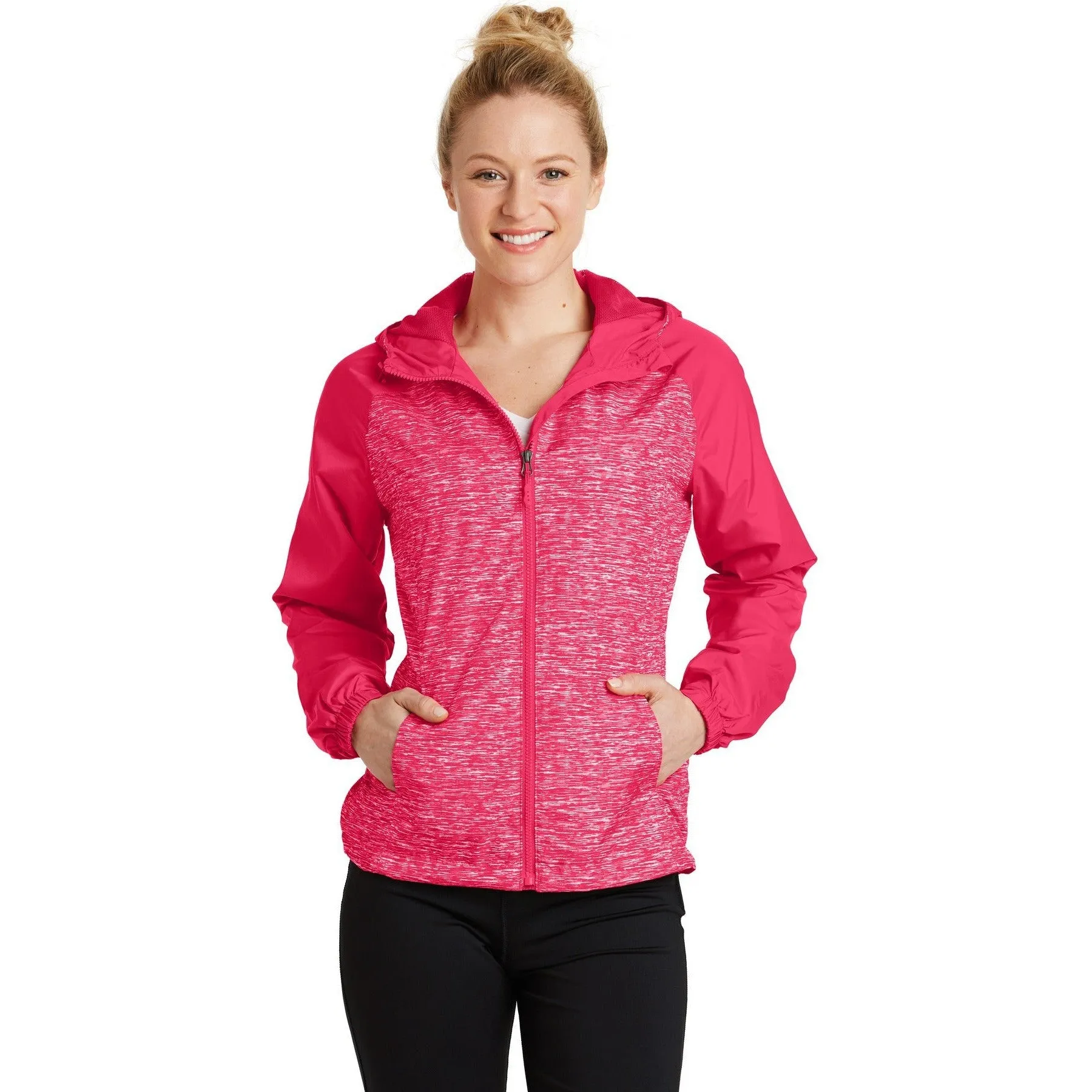 CLOSEOUT - Sport-Tek Ladies Heather Colorblock Raglan Hooded Wind Jacket