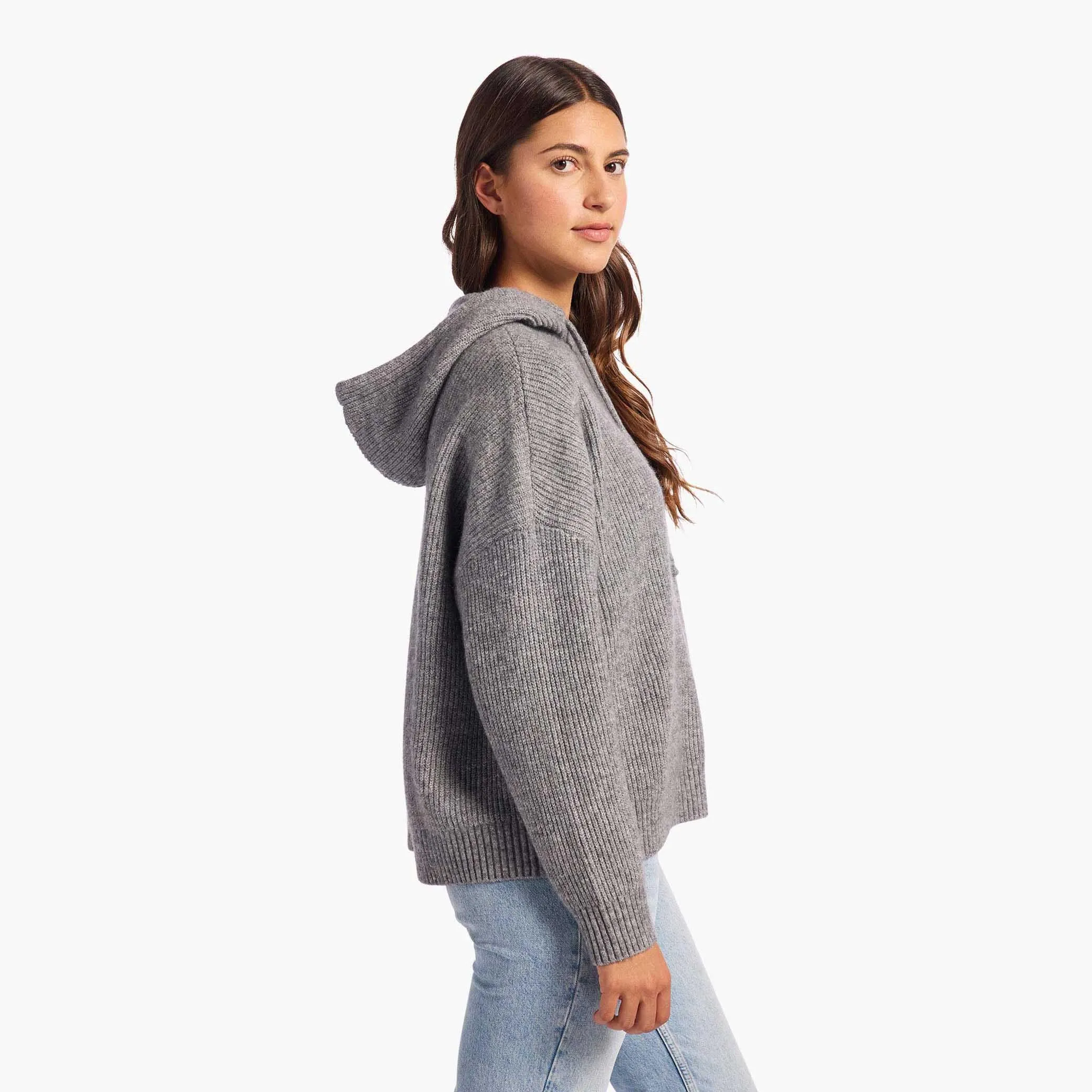 Cozy Knit Ribbed Sweater Hoodie | Charcoal