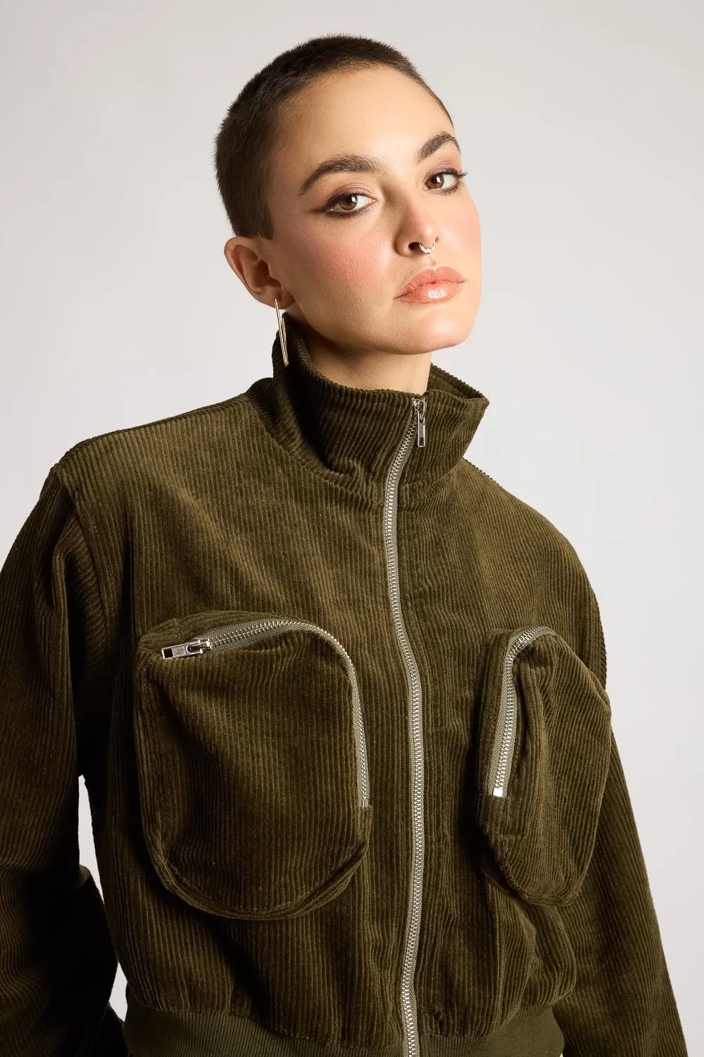 Cropped Corduroy Zip-Pocket Turtle Neck