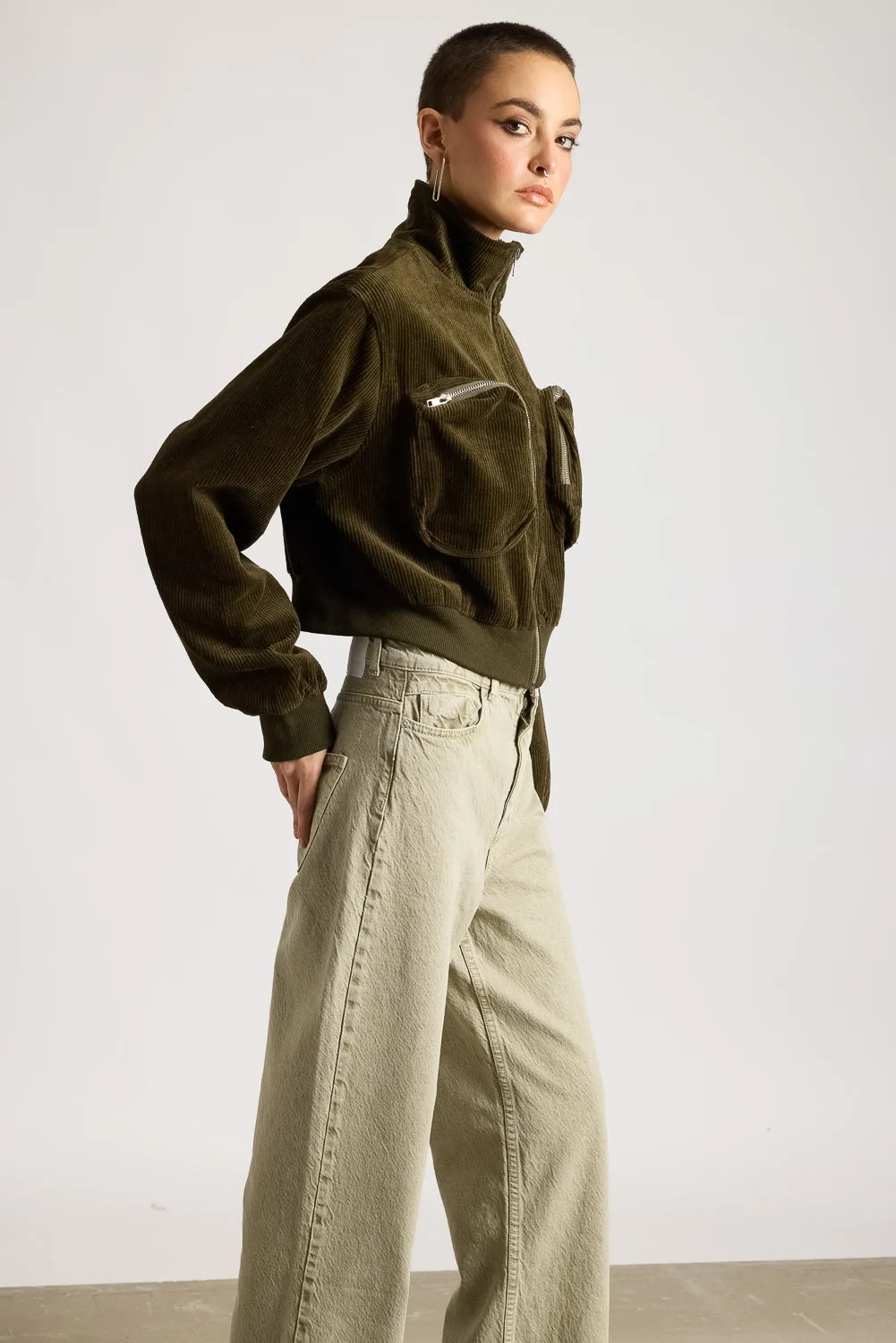 Cropped Corduroy Zip-Pocket Turtle Neck