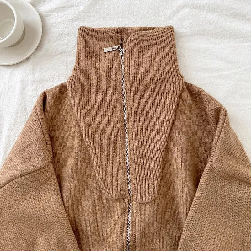 double zipper knitted cardigan long-sleeved sweater jacket     S4764