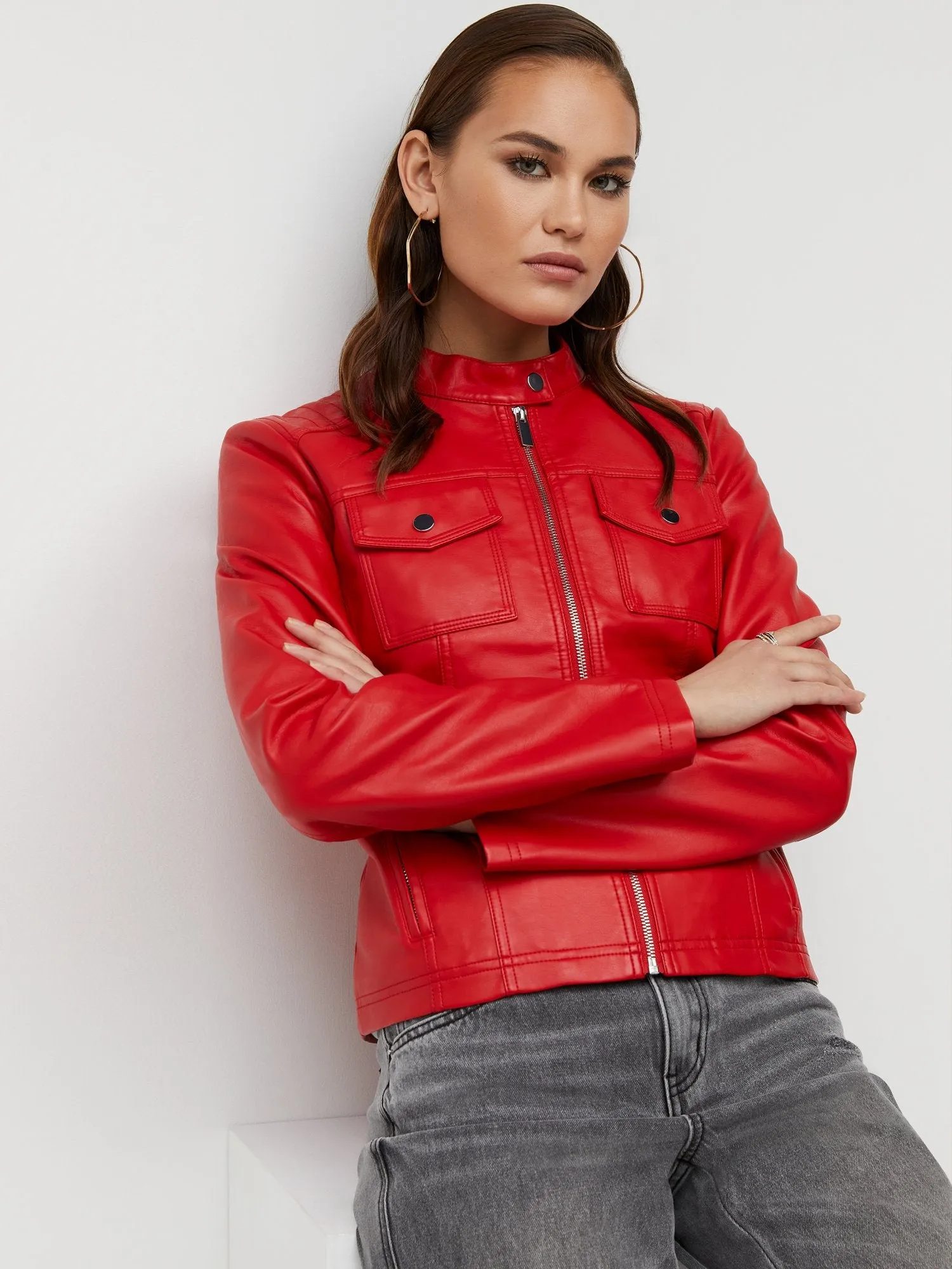 Faux-Leather Double-Pocket Jacket