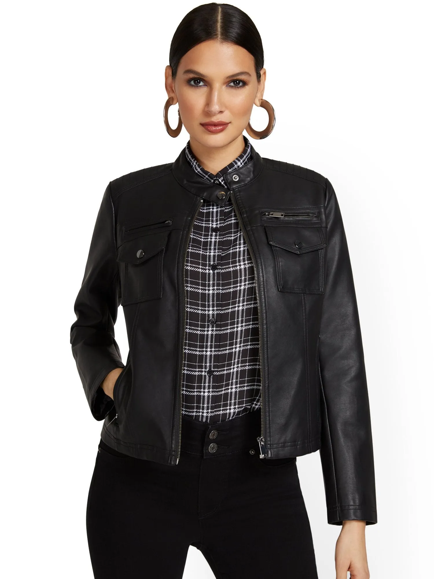 Four-Pocket Faux-Leather Jacket