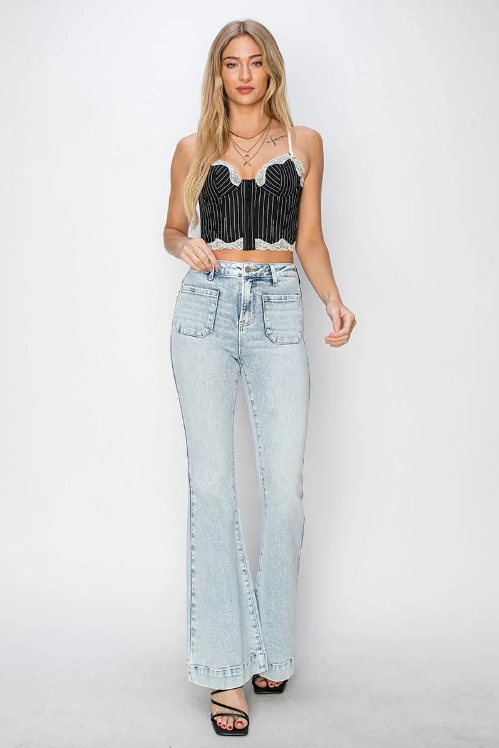 Full Size High Rise Front Patch Pocket Flare Jeans