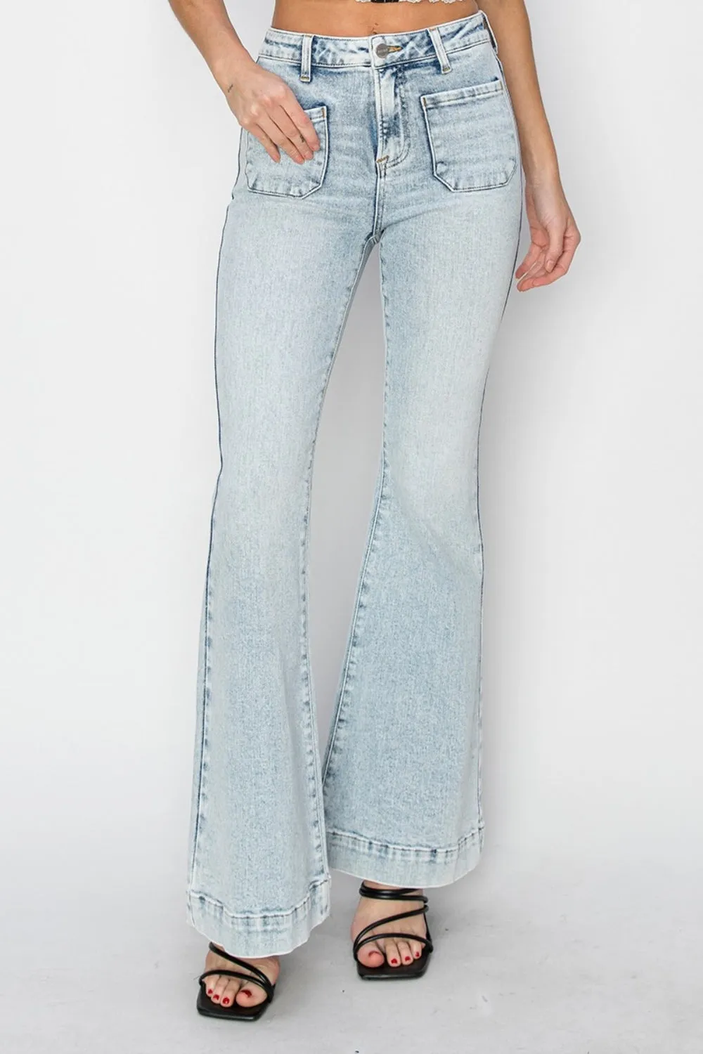 Full Size High Rise Front Patch Pocket Flare Jeans