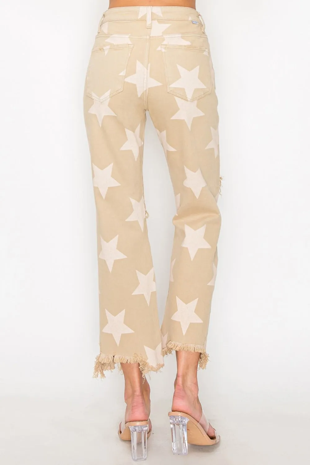 Full Size High Rise Star Printed Frayed Hem Jeans