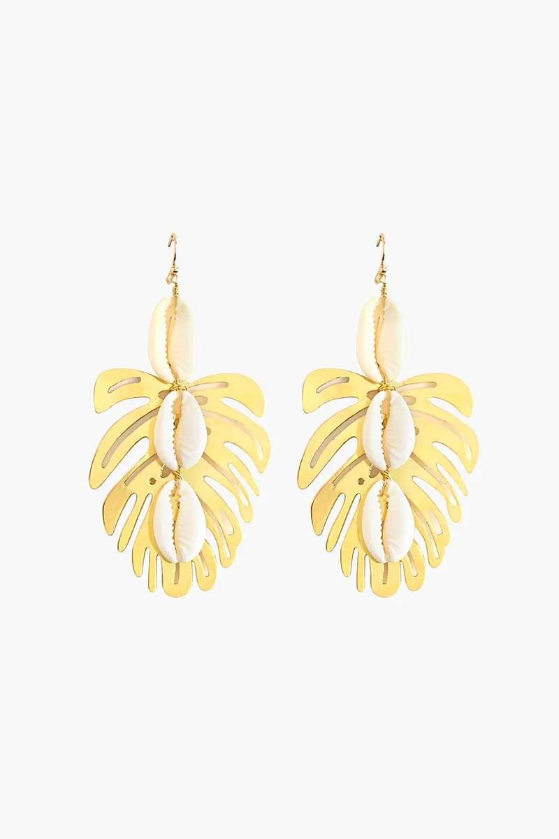 Gold Tropical Leaf Shell Earrings