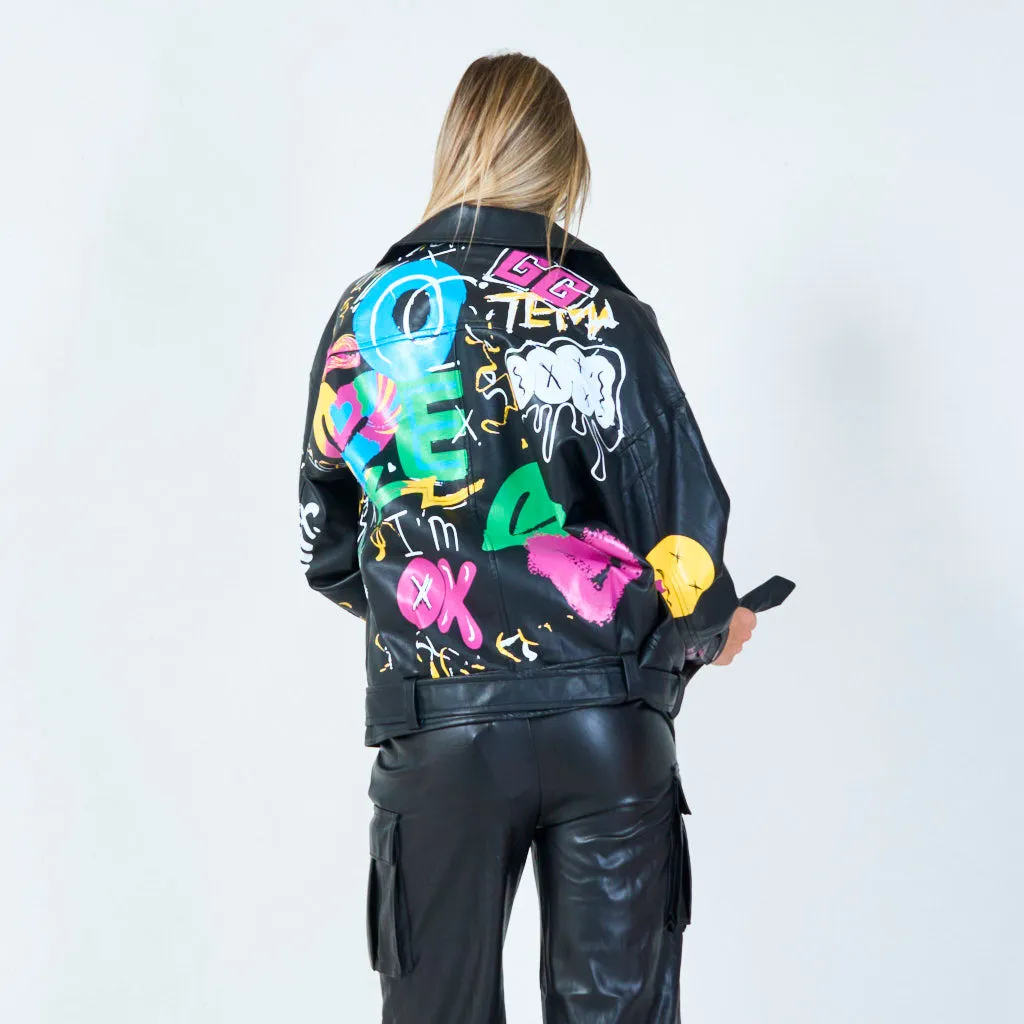 Graffiti print moto jacket wholesale