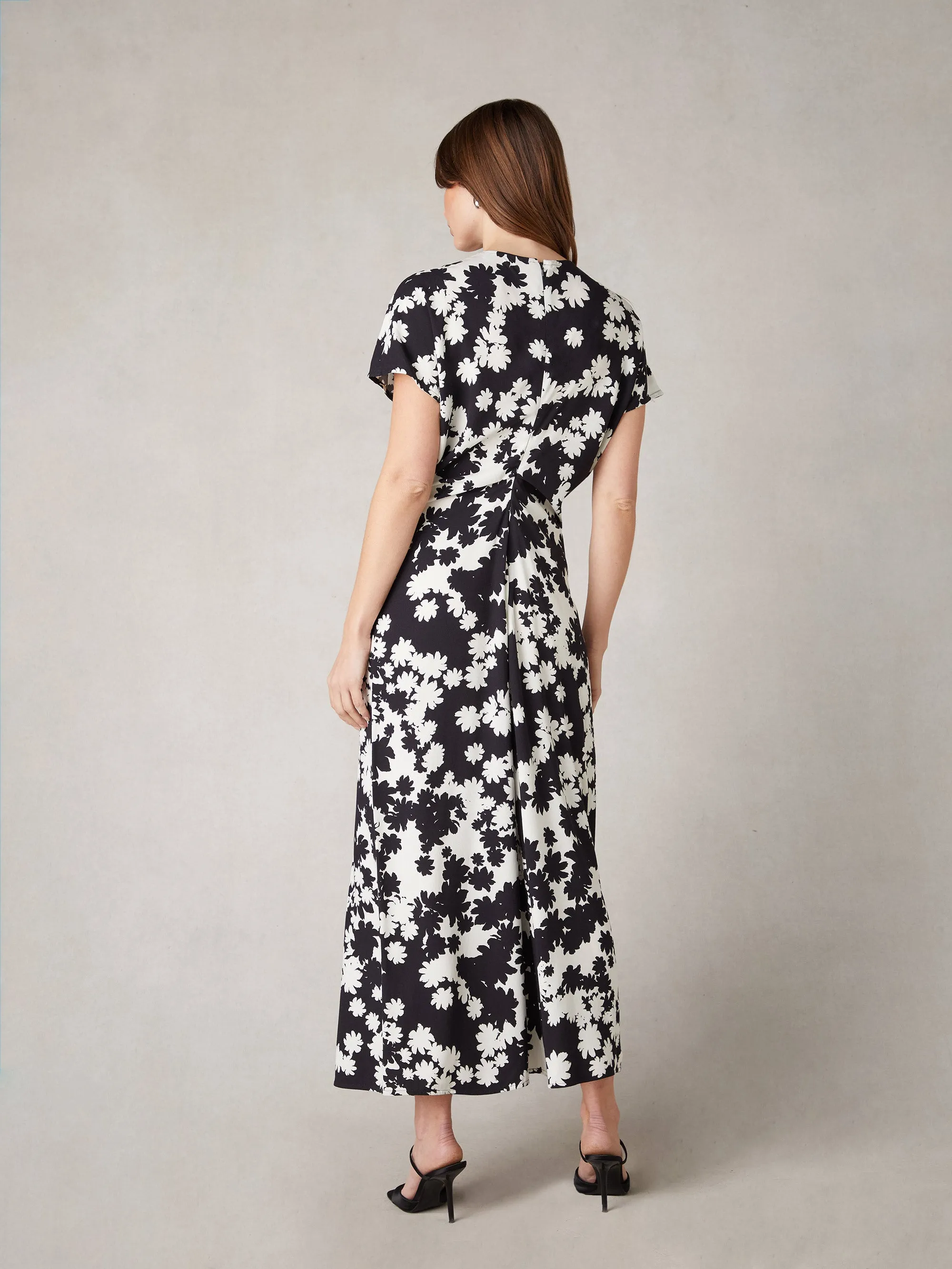 Harper Mono Floral Print Flutter Sleeve Midaxi Dress