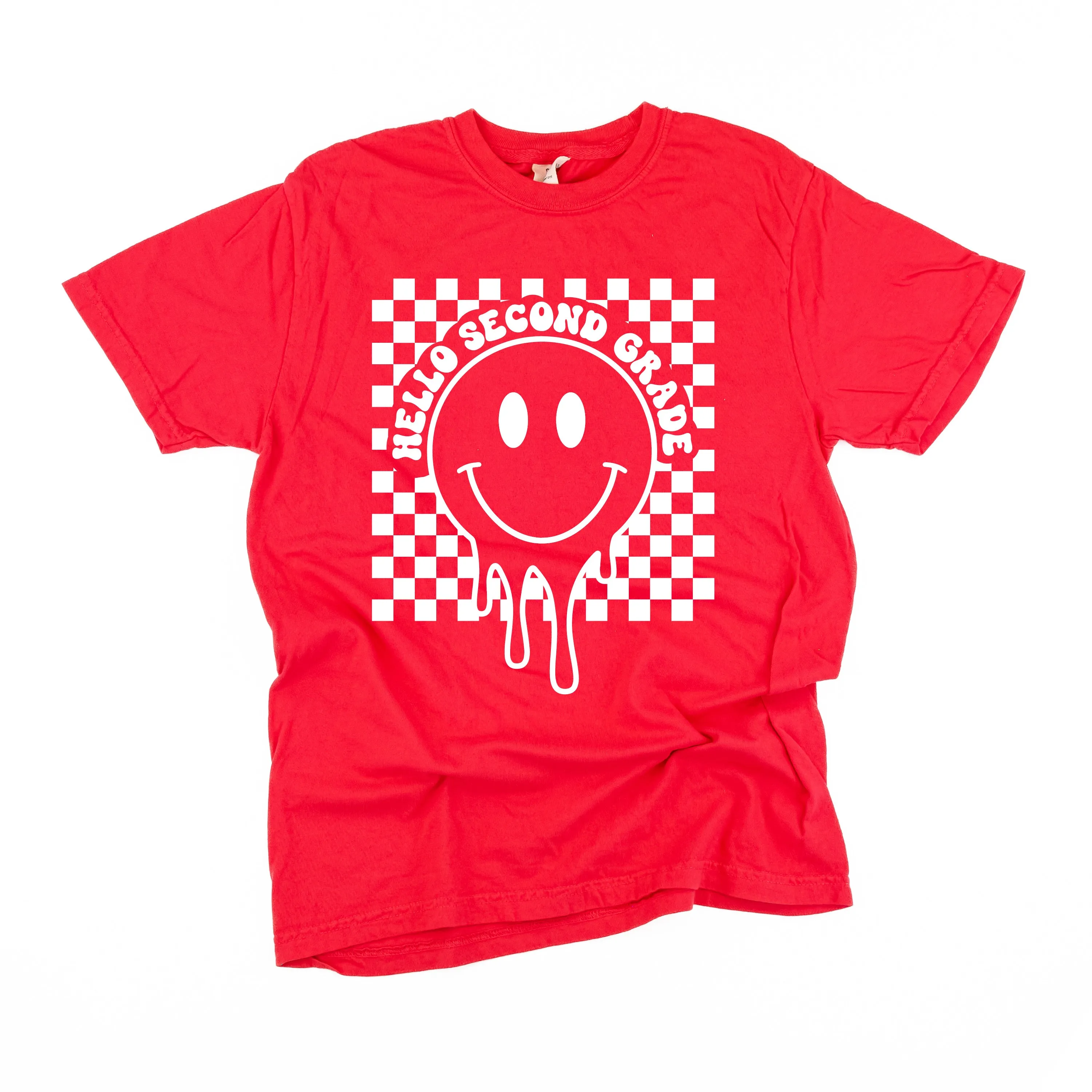 Hello Second Grade - Checker Smiley - SHORT SLEEVE COMFORT COLORS TEE