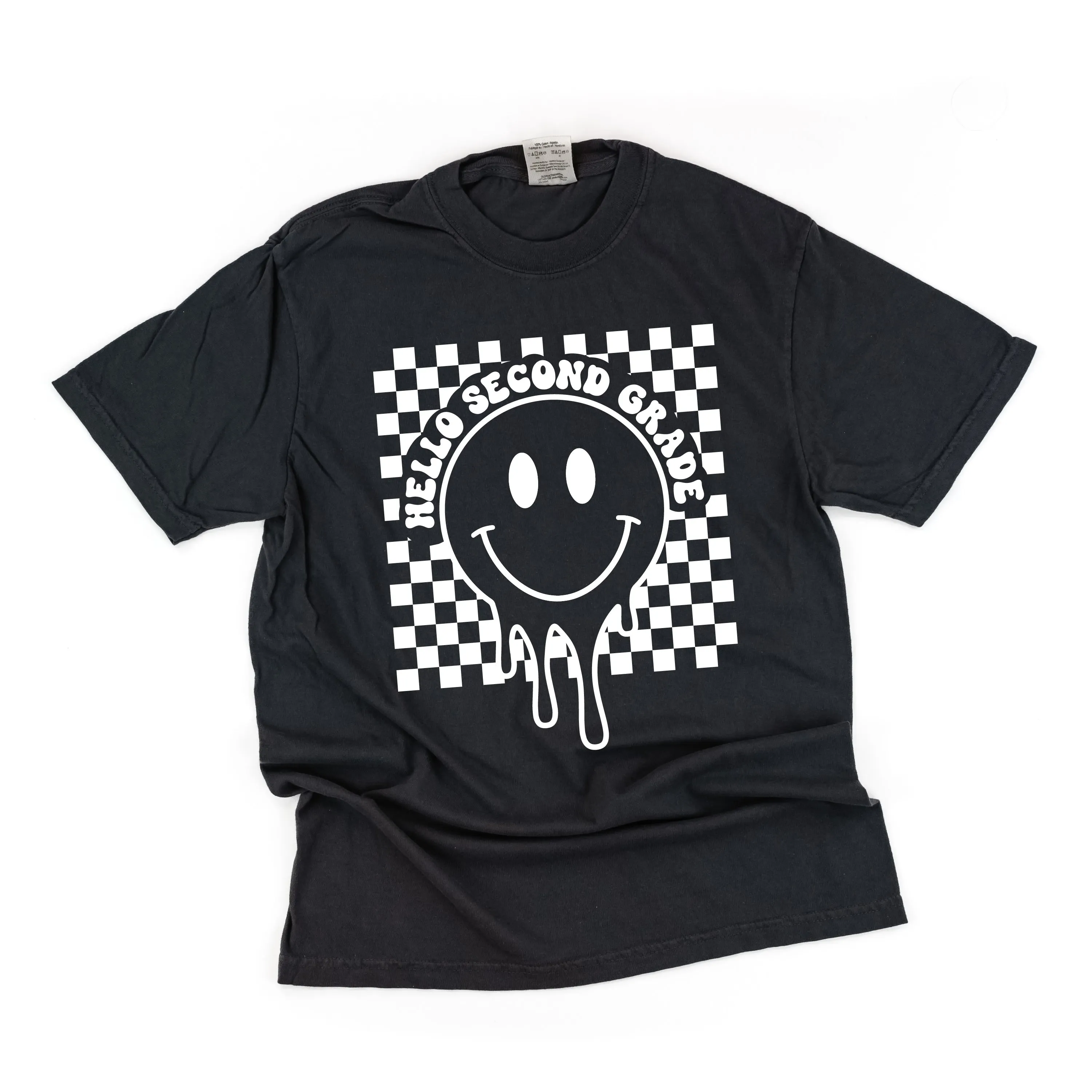 Hello Second Grade - Checker Smiley - SHORT SLEEVE COMFORT COLORS TEE