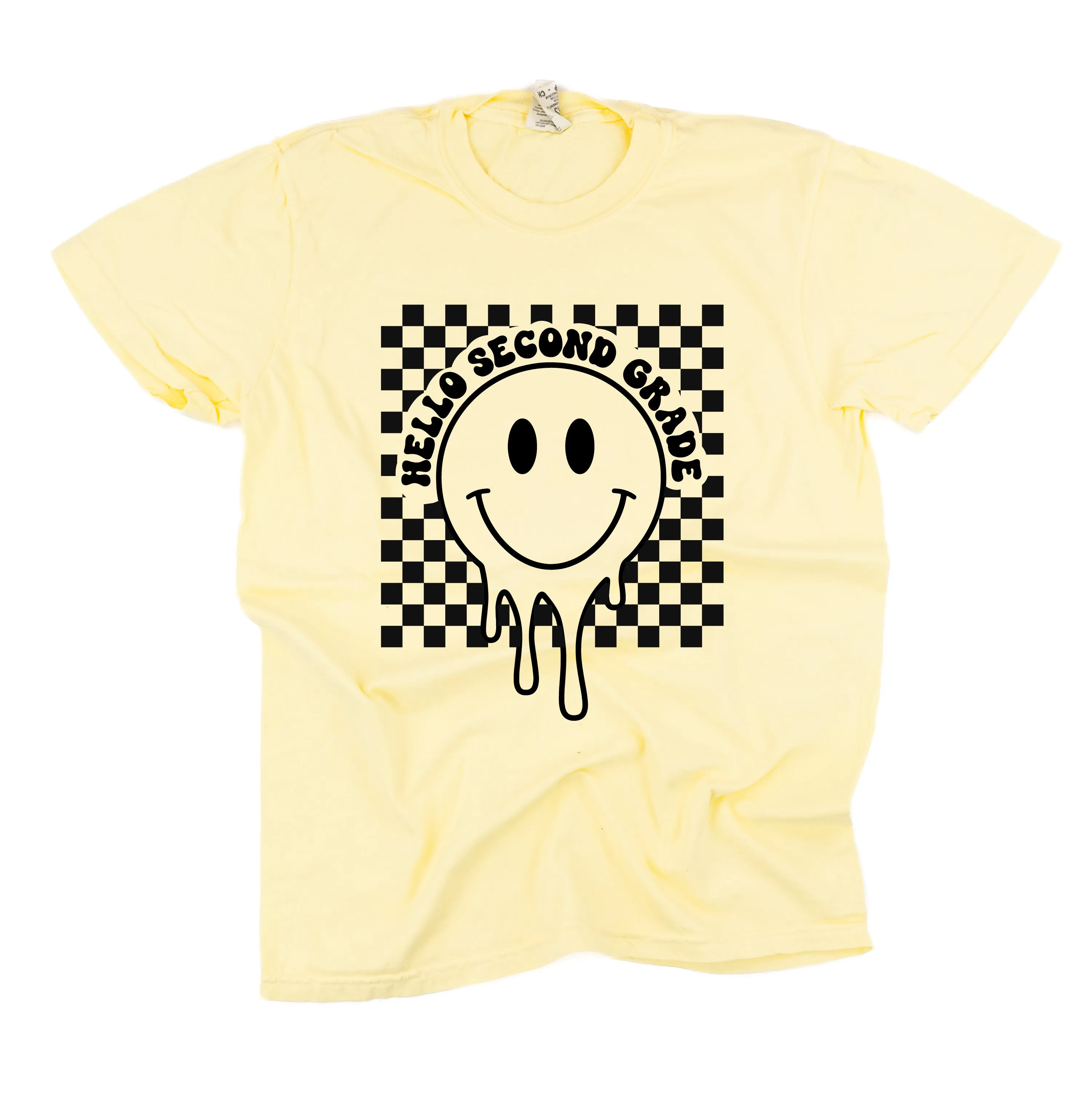 Hello Second Grade - Checker Smiley - SHORT SLEEVE COMFORT COLORS TEE