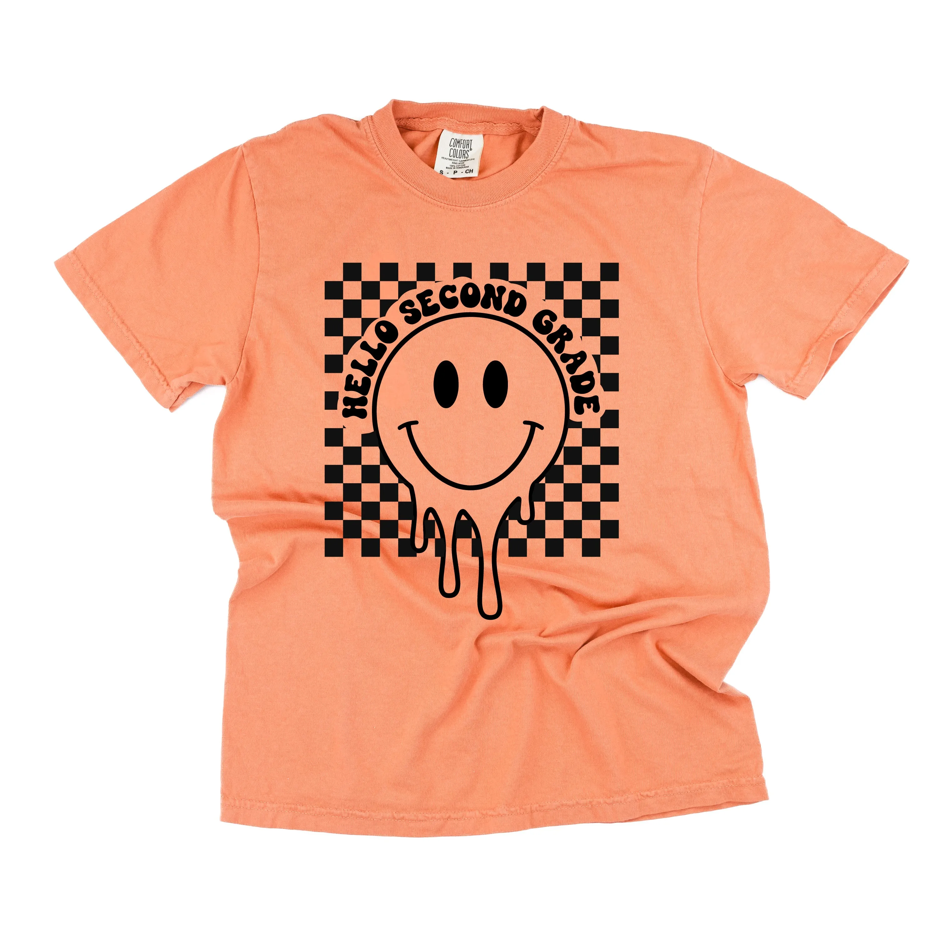 Hello Second Grade - Checker Smiley - SHORT SLEEVE COMFORT COLORS TEE