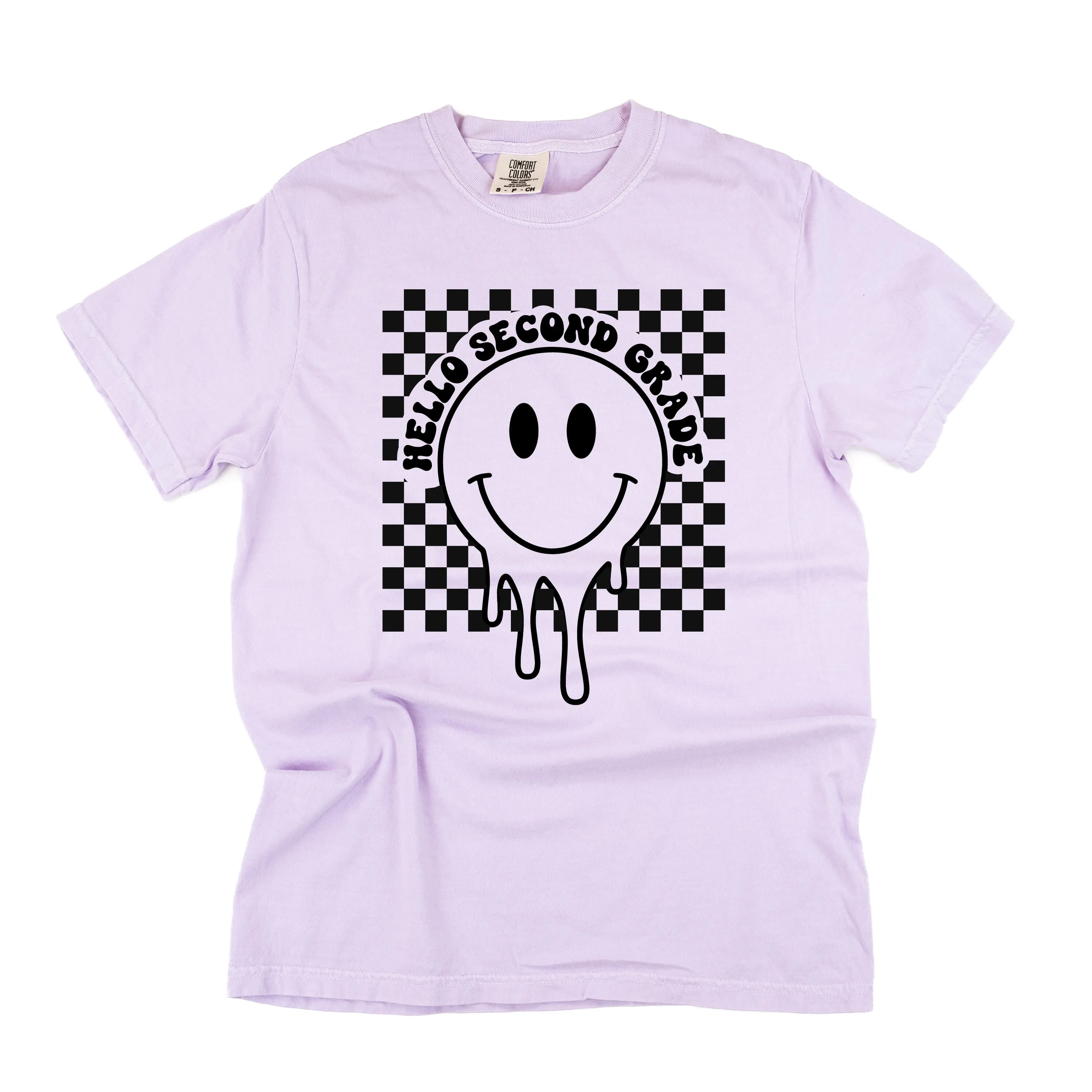 Hello Second Grade - Checker Smiley - SHORT SLEEVE COMFORT COLORS TEE