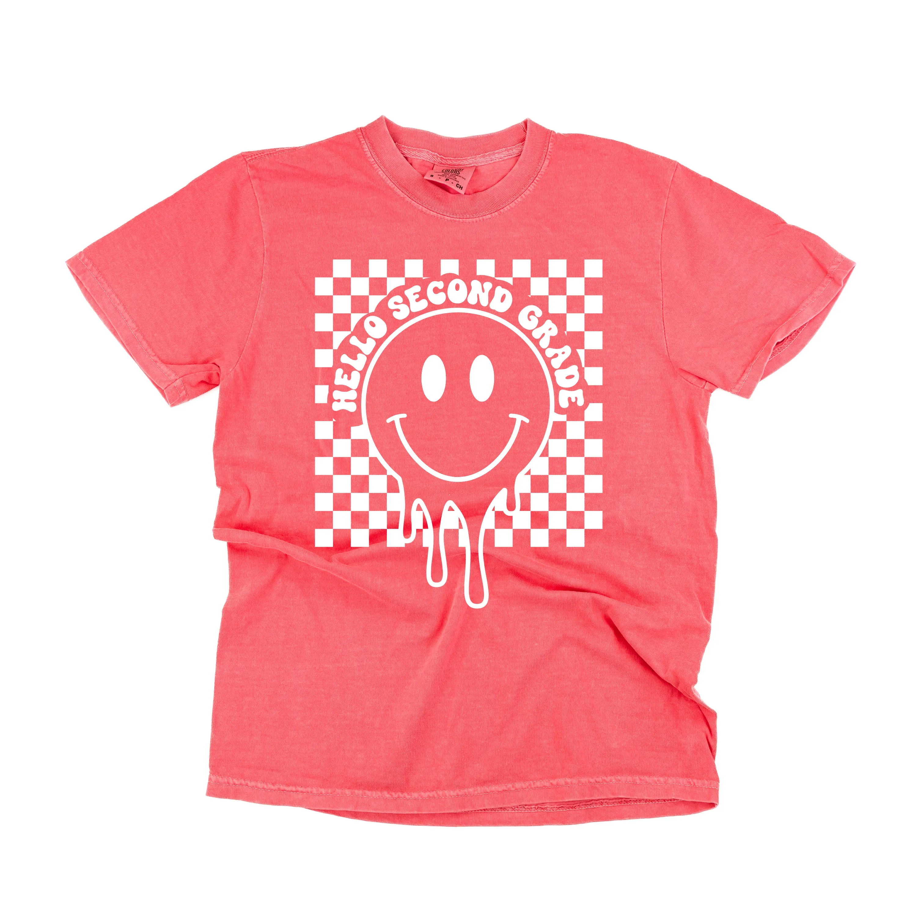 Hello Second Grade - Checker Smiley - SHORT SLEEVE COMFORT COLORS TEE