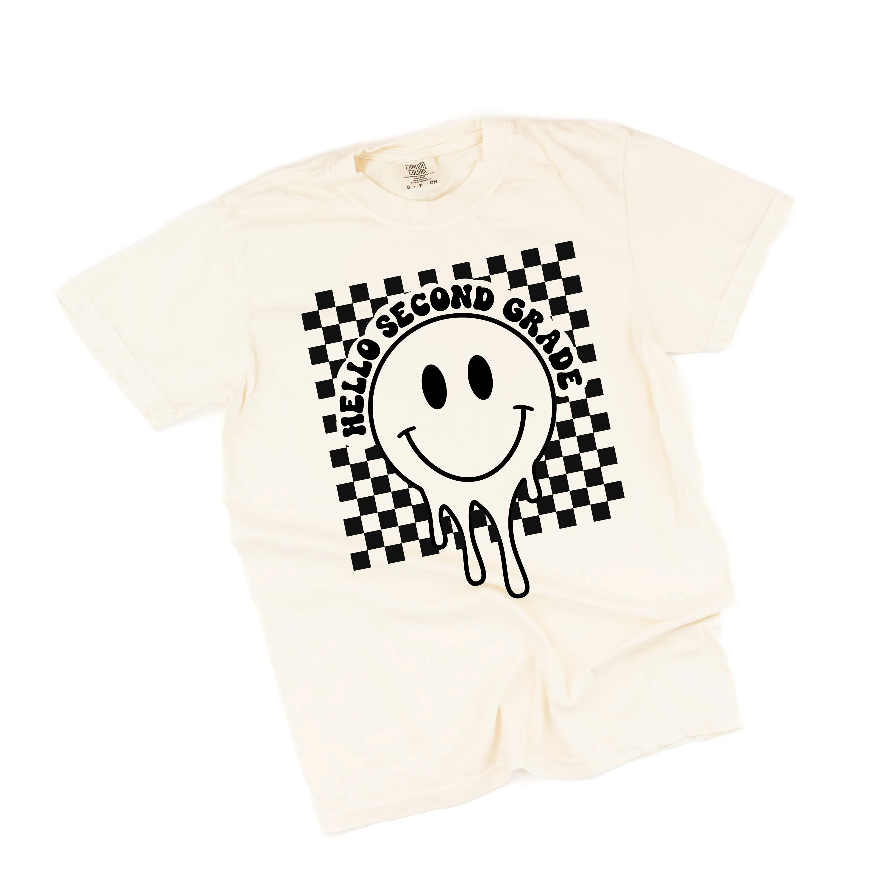 Hello Second Grade - Checker Smiley - SHORT SLEEVE COMFORT COLORS TEE