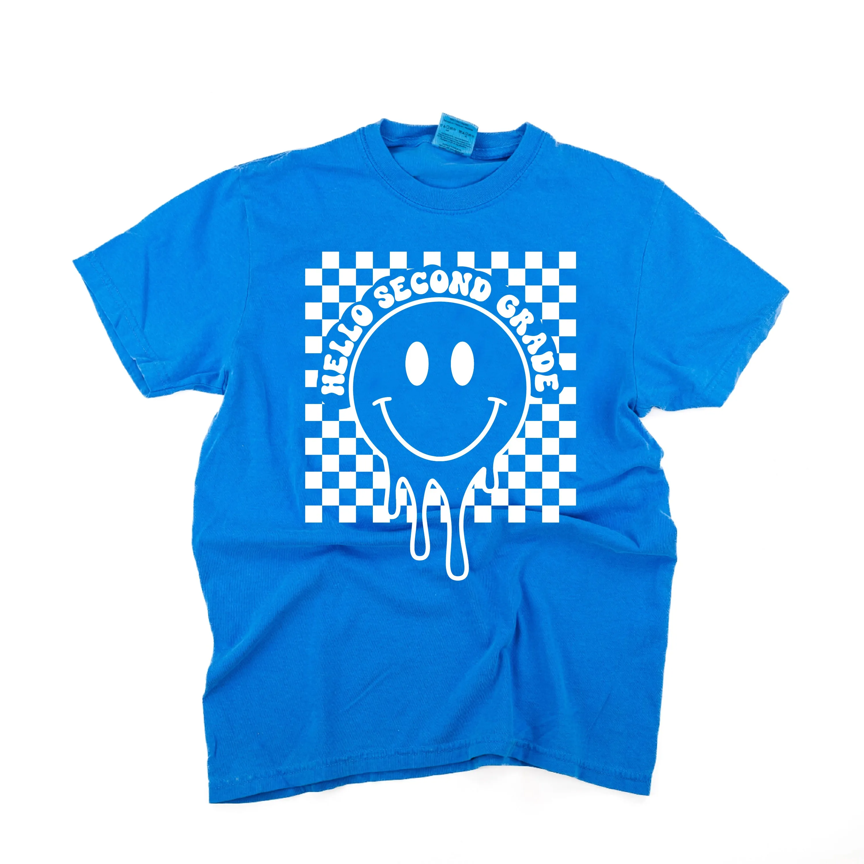 Hello Second Grade - Checker Smiley - SHORT SLEEVE COMFORT COLORS TEE