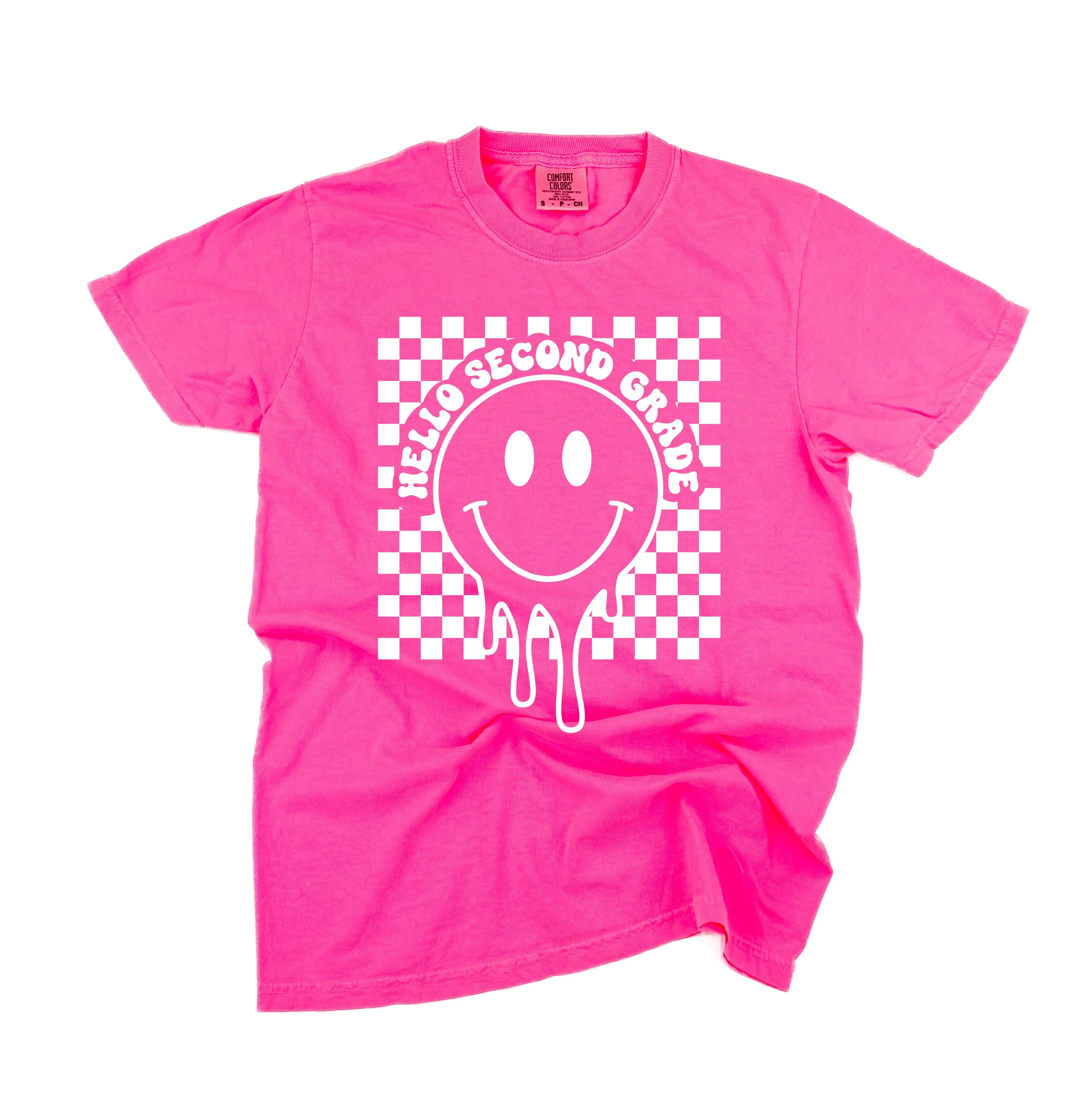 Hello Second Grade - Checker Smiley - SHORT SLEEVE COMFORT COLORS TEE