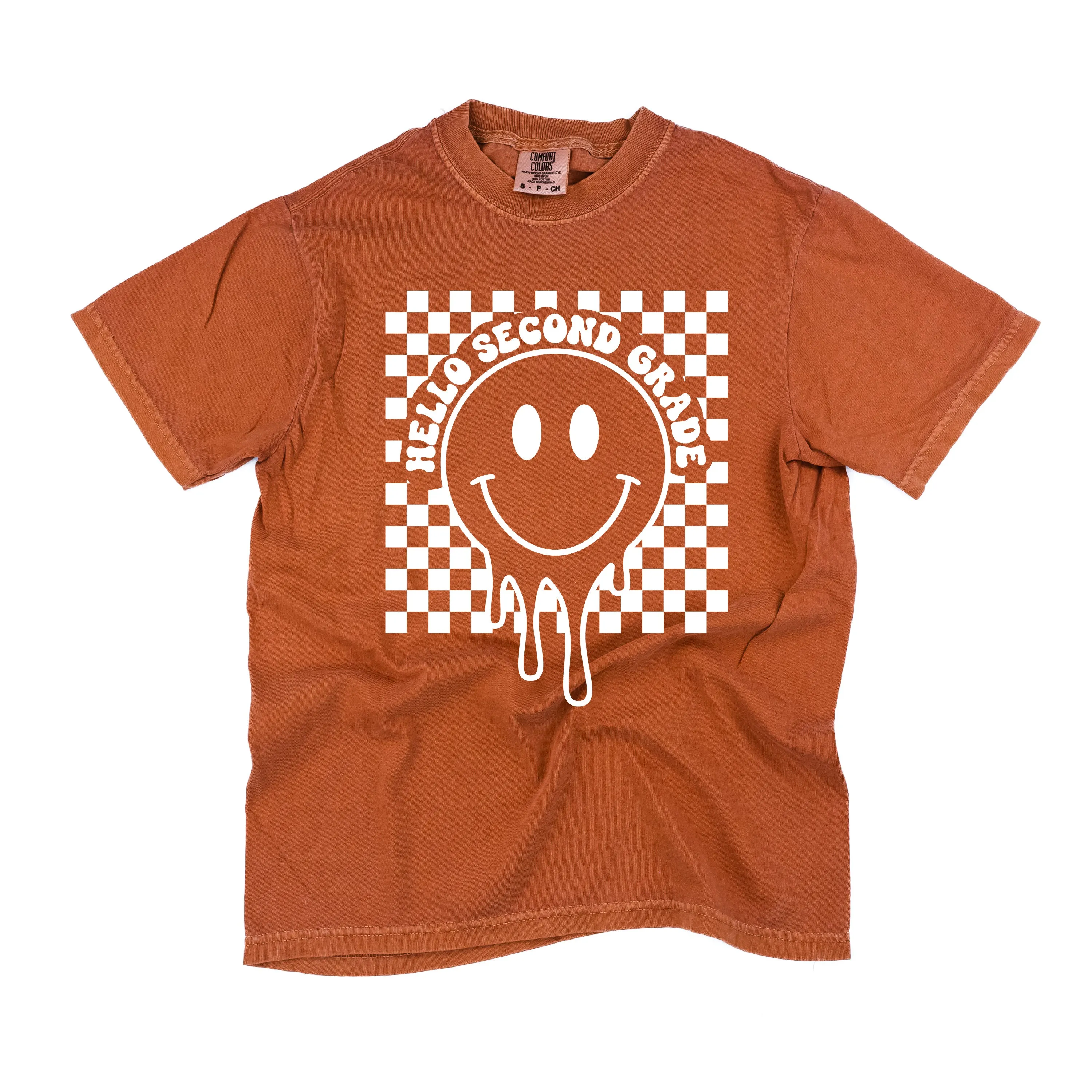 Hello Second Grade - Checker Smiley - SHORT SLEEVE COMFORT COLORS TEE