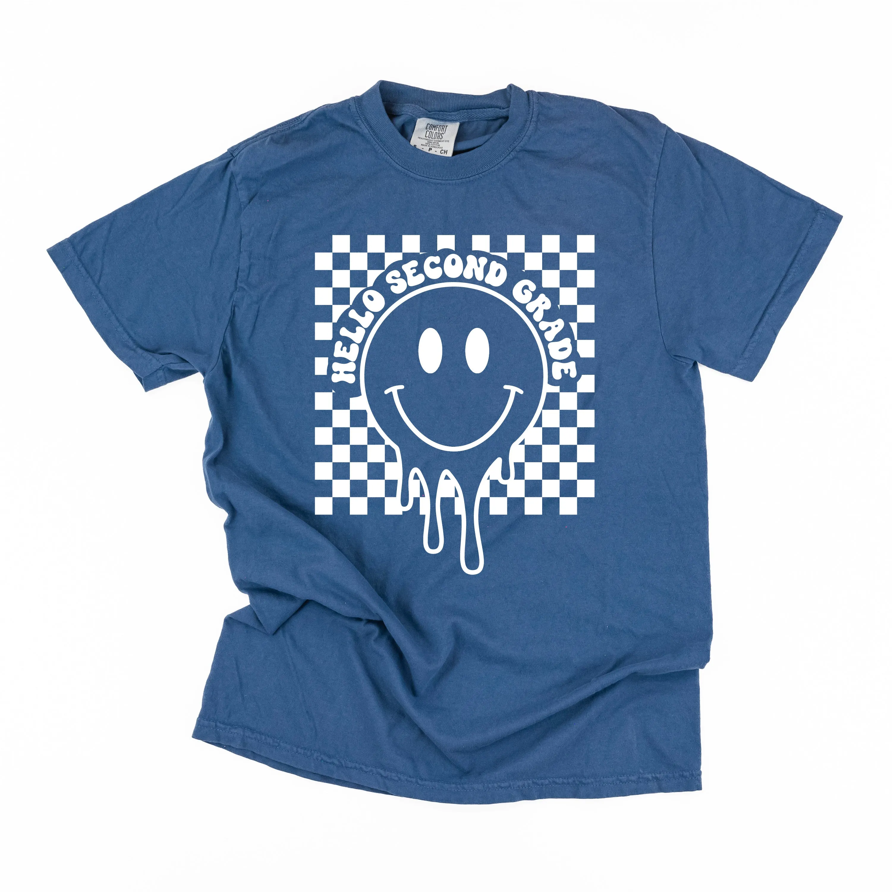 Hello Second Grade - Checker Smiley - SHORT SLEEVE COMFORT COLORS TEE