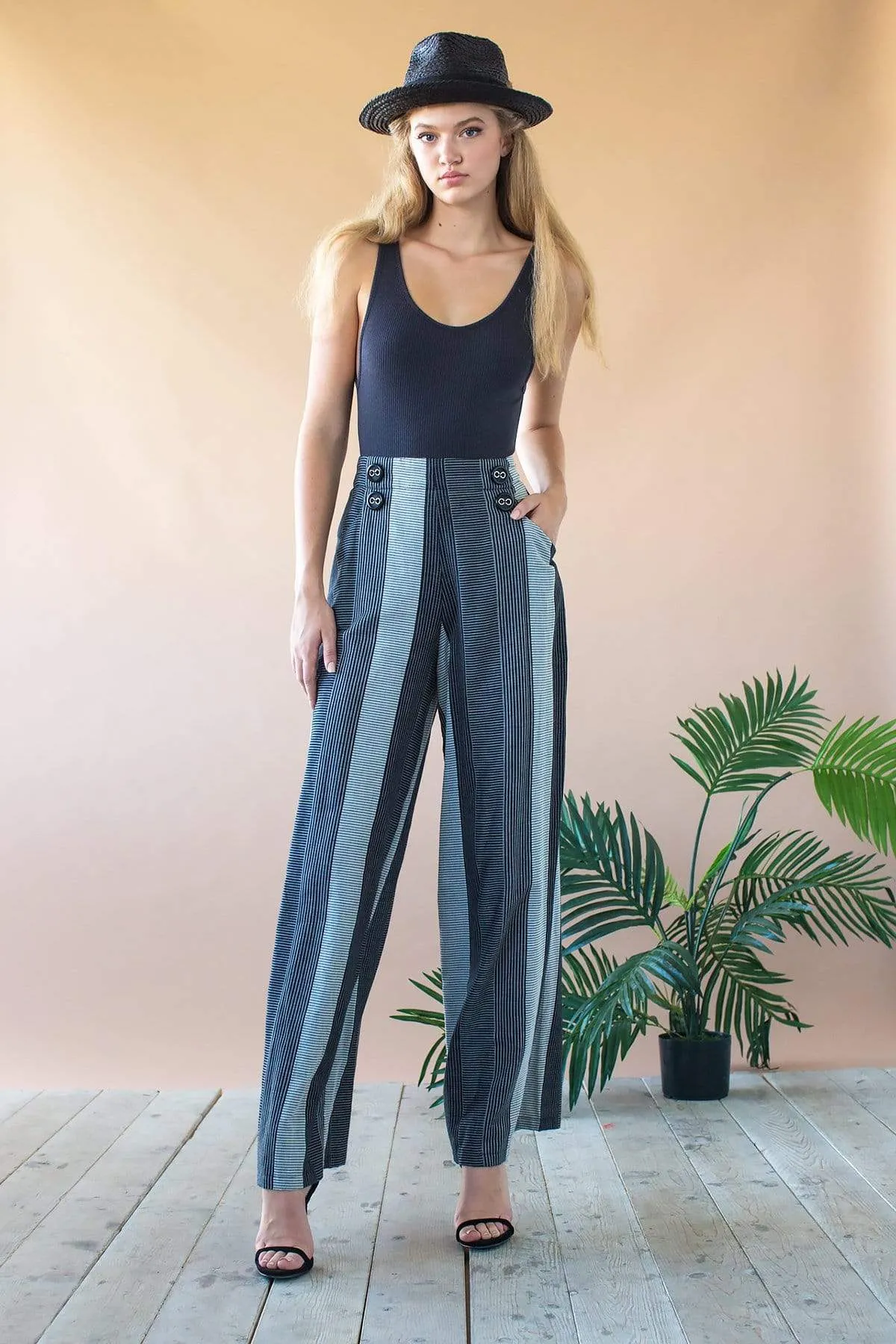 Hepburn High Waist Wide Leg Pants - Graphite Stripe