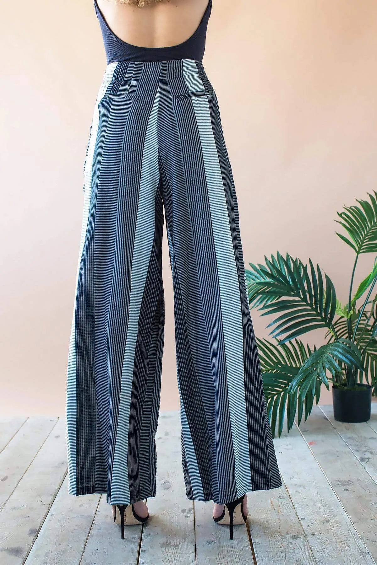 Hepburn High Waist Wide Leg Pants - Graphite Stripe